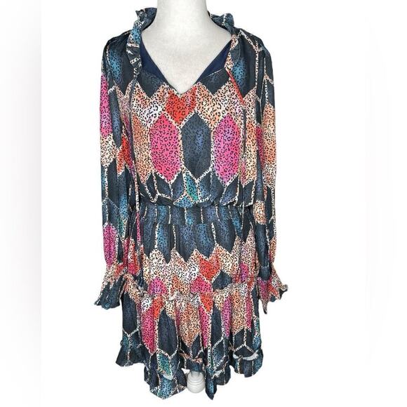 Mulla Long Sleeve Multicolor Animal Print Mini tiered Dress Medium Pink & Blue - Picture 5 of 15